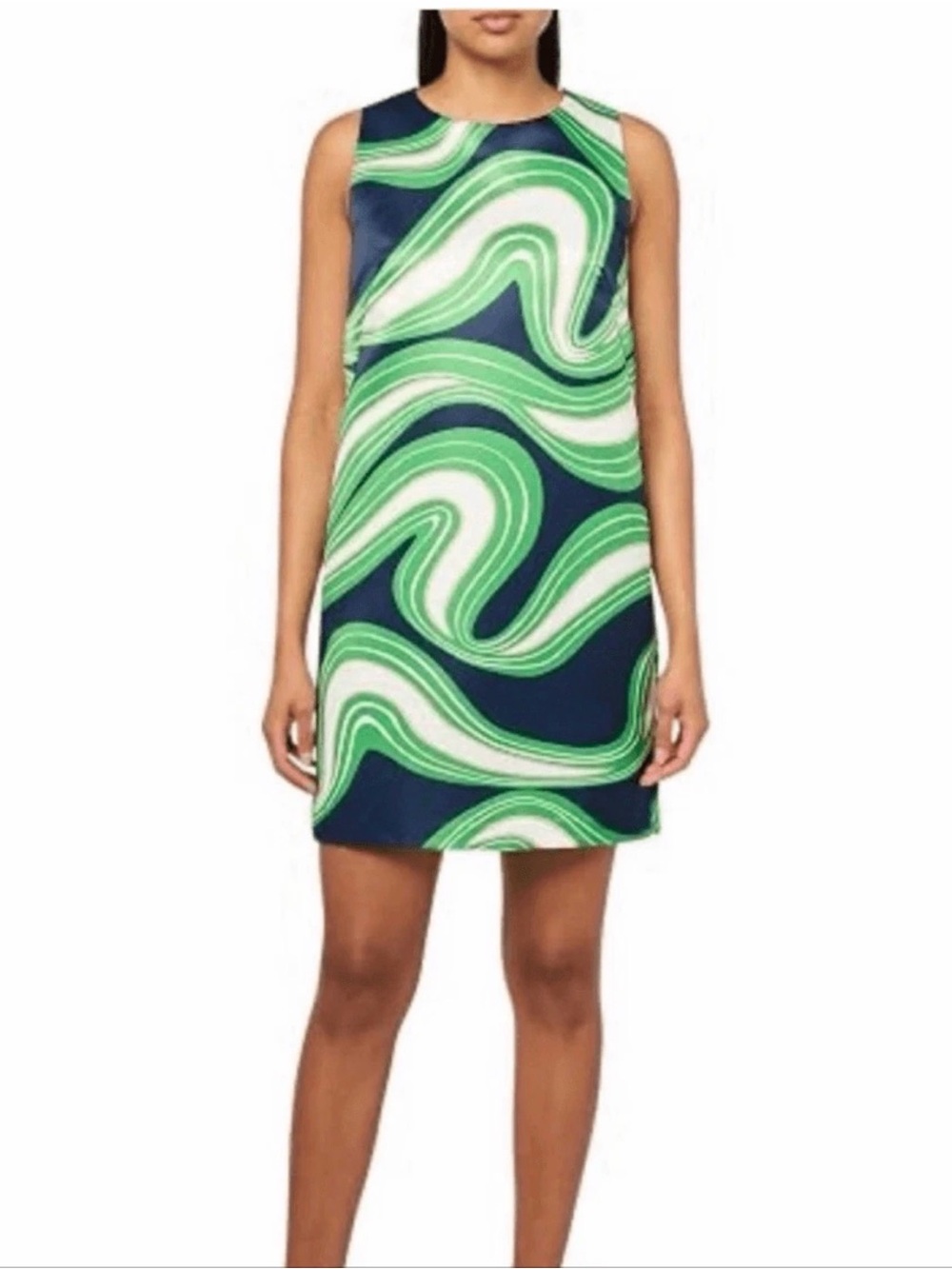 Trina Turk Women’s Green Navy Swirl Print Sleeveless Shift Dress 35” Retro XL?
